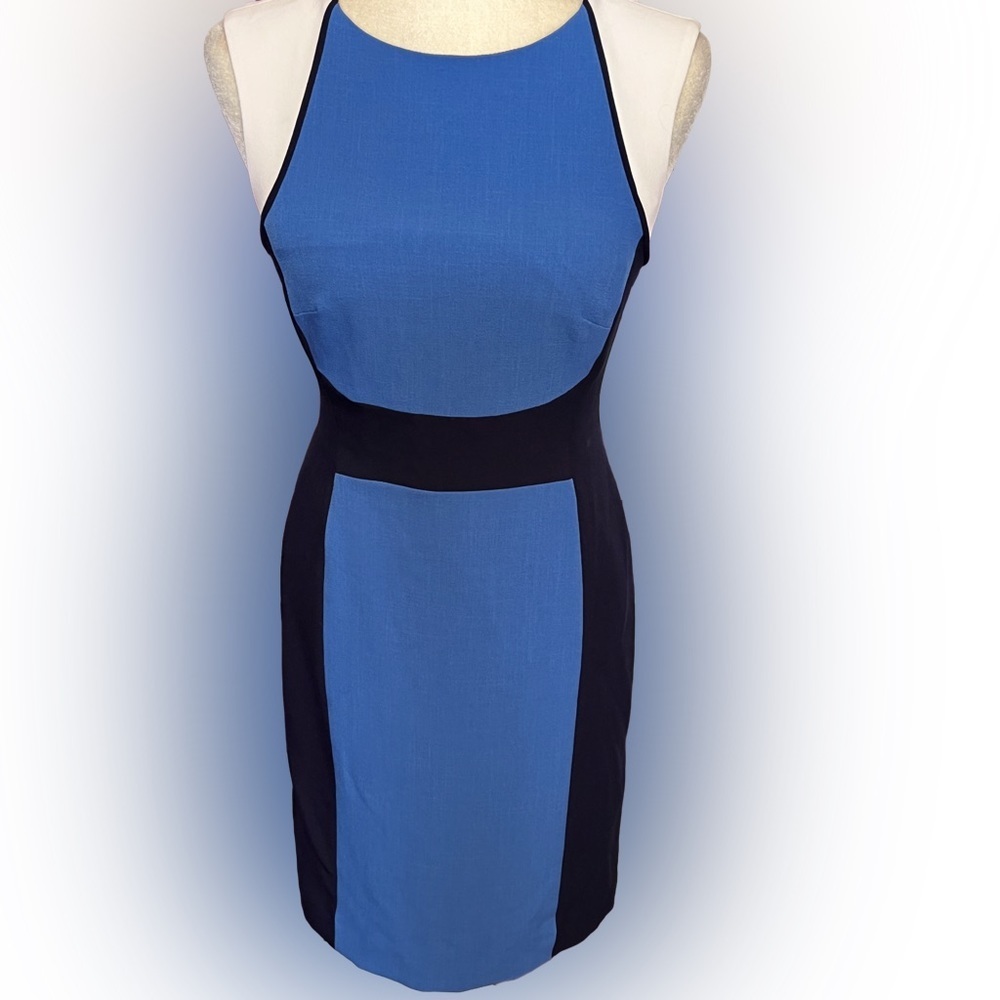 Tahari Blue and Black Colorblock Midi Dress